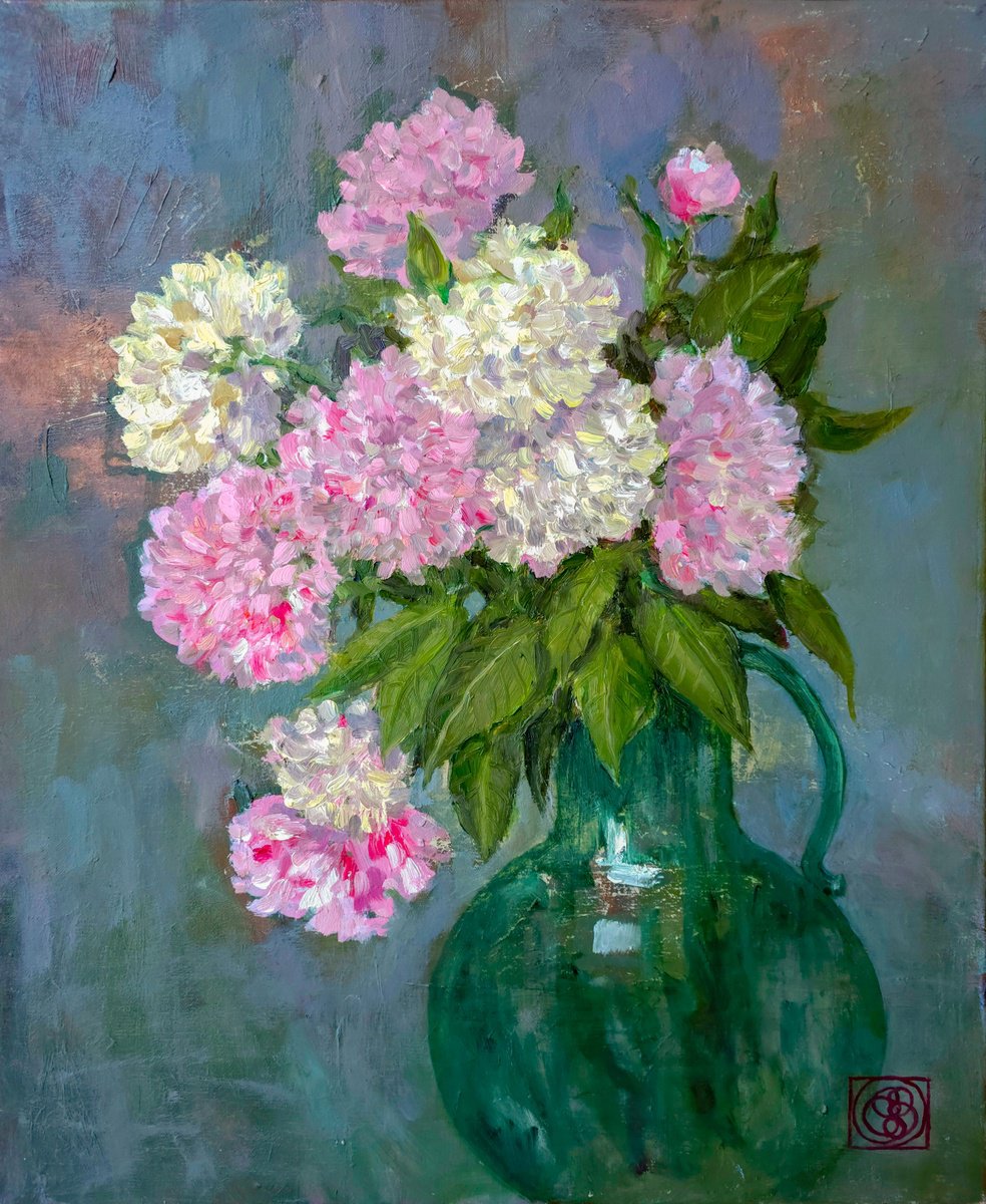 Impressionistic Botanical Oil Painting By Katia Bellini, 20 X 24", Peonies In Green Vase, Original Artwork