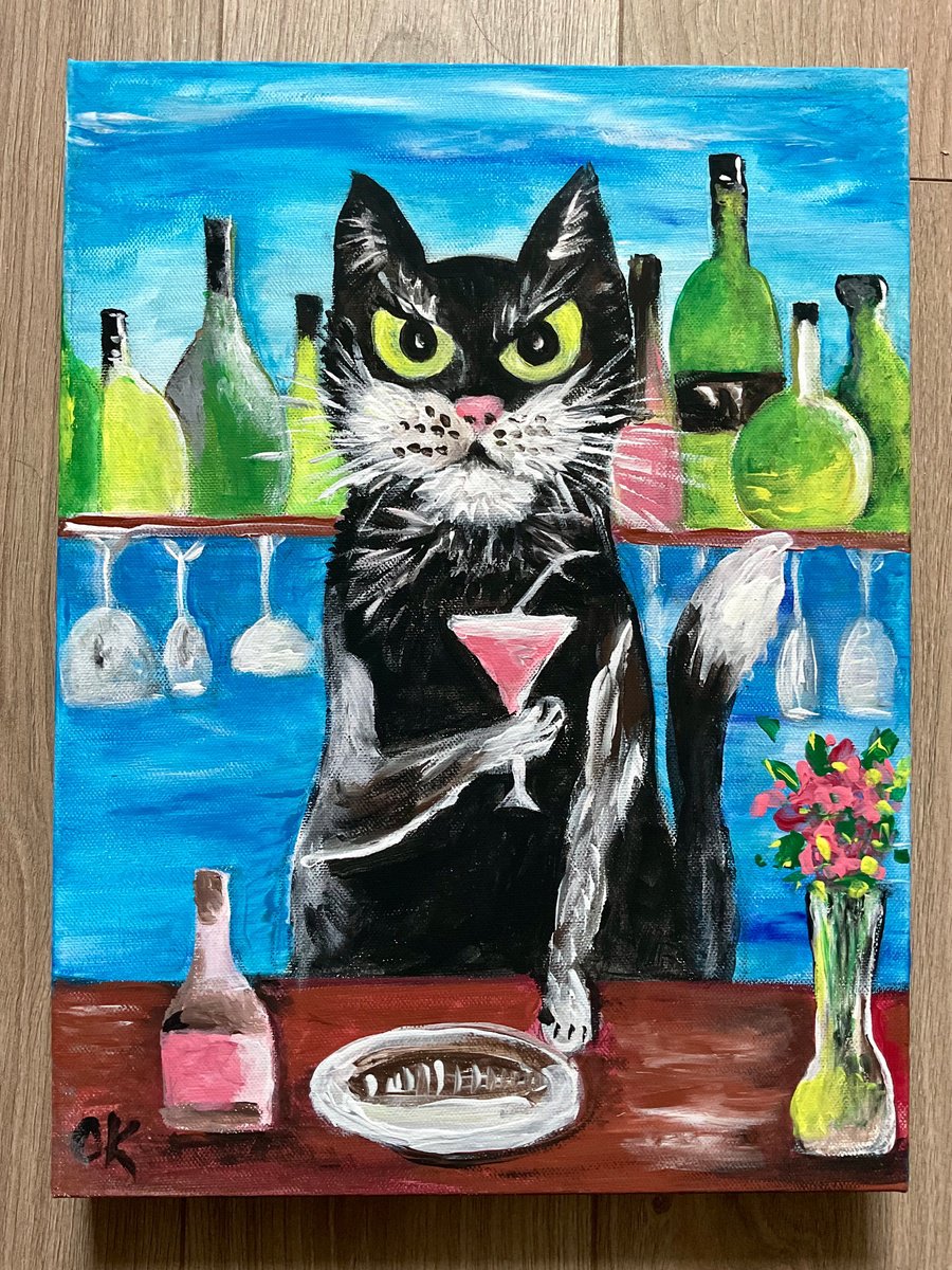 Impressionistic Animal Acrylic Painting By Olga Koval, 12 X 16", Martini Evening. Alchemist#2, Original Artwork
