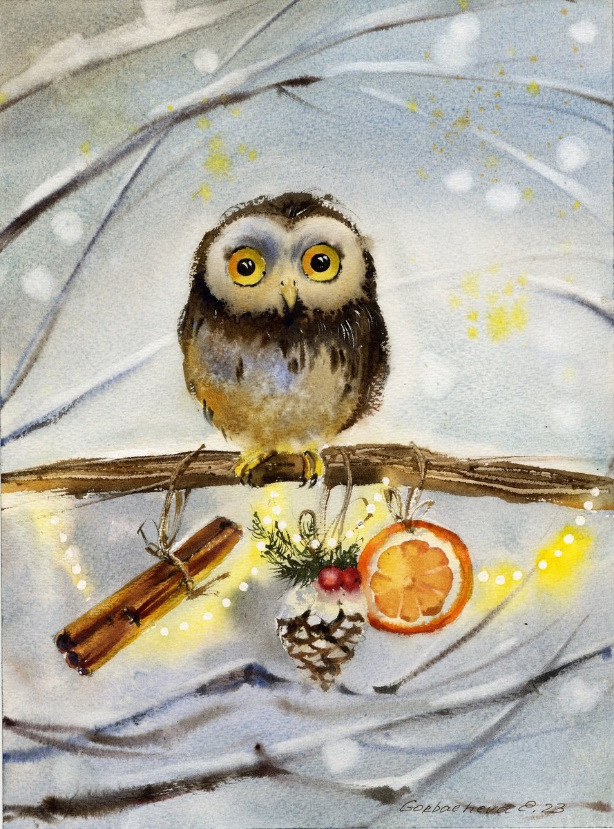 Impressionistic Animal Watercolour By Eugenia Gorbacheva, 9 X 12, Owl With New Year