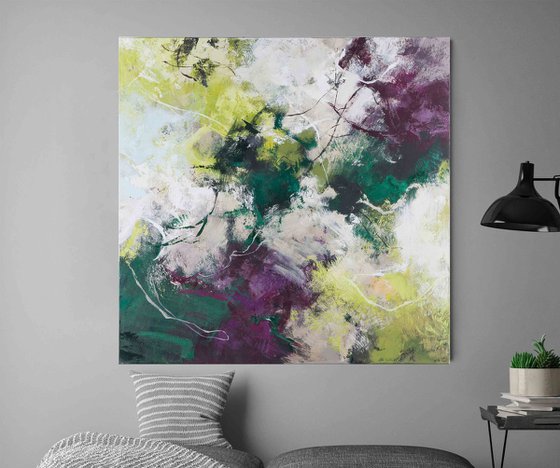 "Galaxy" Abstract green purple white art