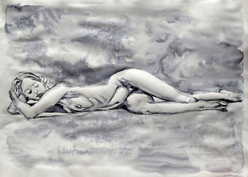 Reclining Nude in ink / 69 cm x 50 cm by Anna Sidi-Yacoub