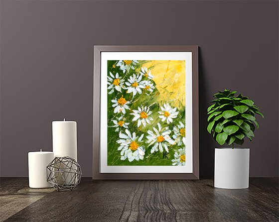 Daisy Painting Floral Original Art OIl Painting Chamomile Meadow Abstract Flowers Impasto Pallete Knife Small Home Wall Art 6 by 8"