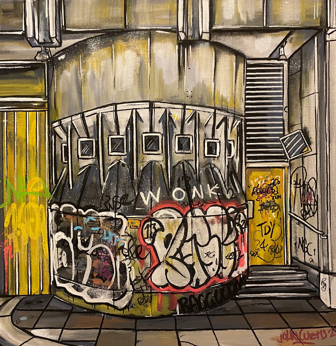 Illustrative Cityscapes Painting By John Curtis, 12 X 12, Bank House 2-, Original Artwork