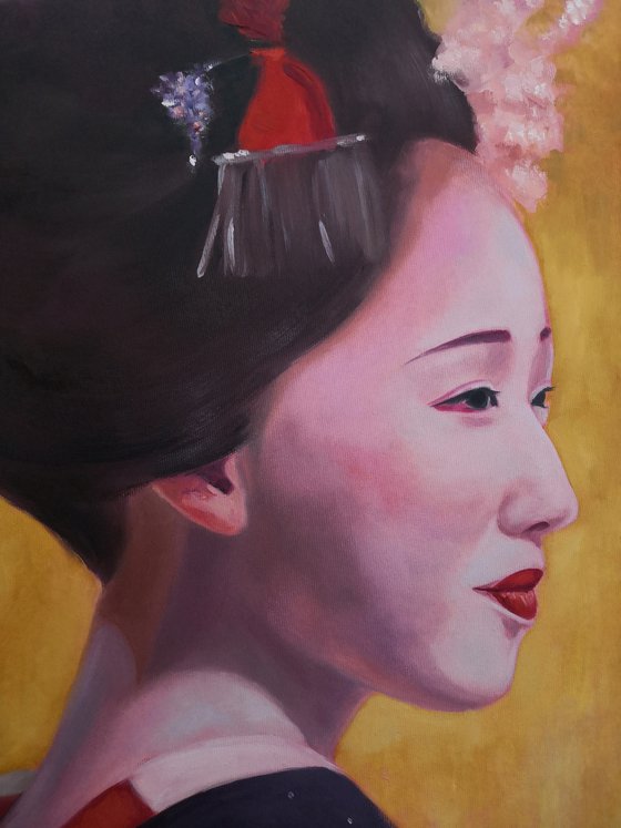 Geisha in kimono on the gold background portrait number 12