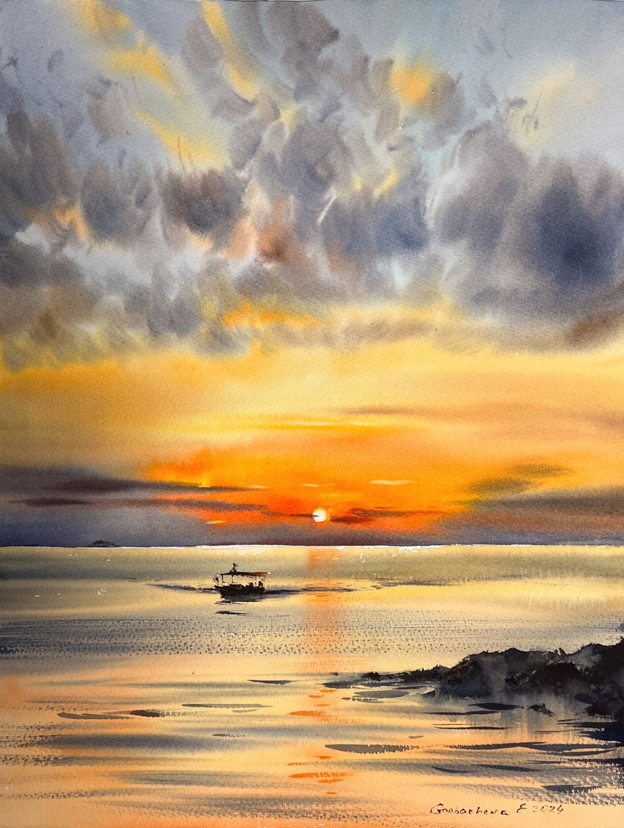 Impressionistic Landscape Watercolour By Eugenia Gorbacheva, 12 X 16, Orange Sunset #25, Original Artwork