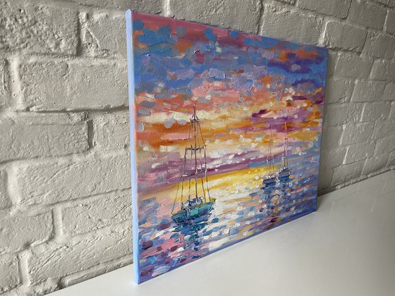Ships at sea. Original oil painting