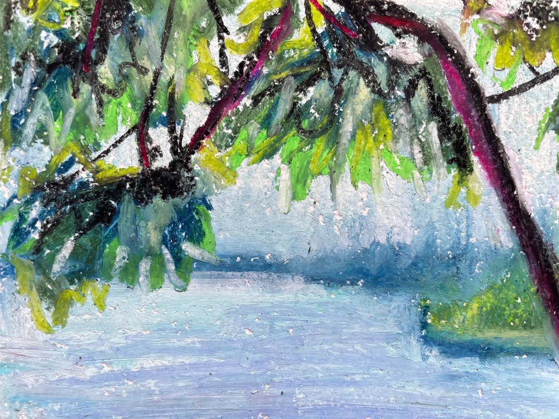 Sea Original Painting, Tree and Beach Oil Pastel Drawing, Seascape Art,  Coastal Home Decor Pastel drawing by Kate Grishakova