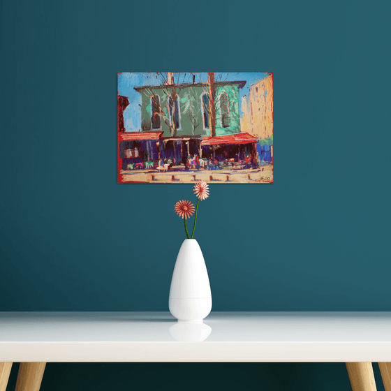 Istanbul cafe. Oil pastel painting. small colorful turkey turquoise interior decor street urban