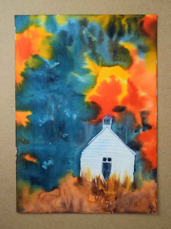 Fall abstract landscape original watercolor painting, cabin autumn forest, housewarming gift