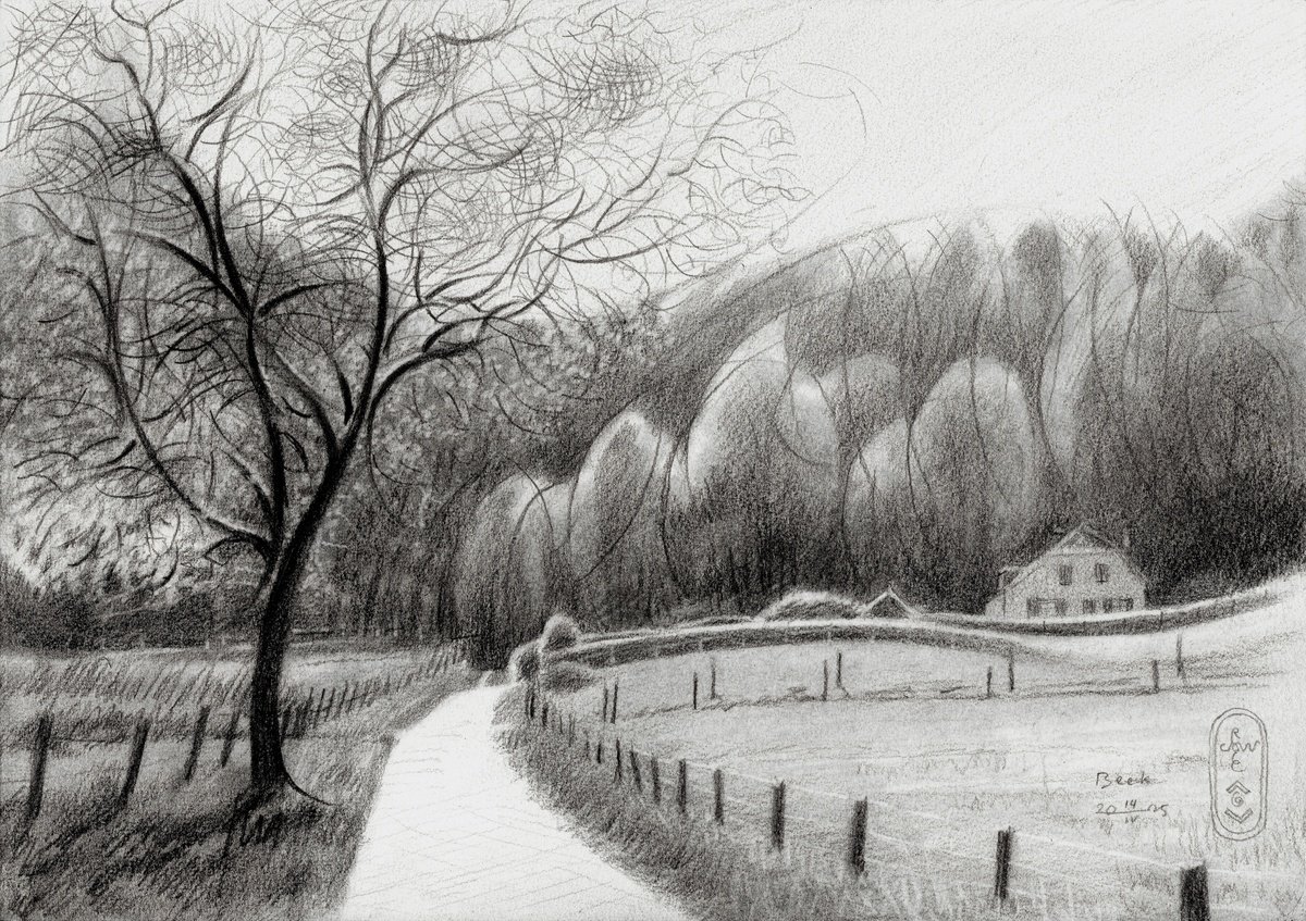 Impressionistic Landscape Pencil Drawing By Corne Akkers, 12 X 8, Beek - 14-04-25, Original Artwork