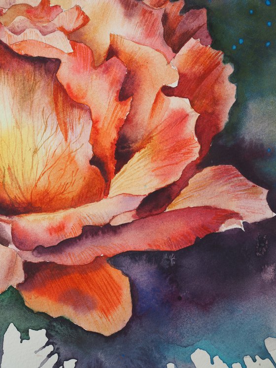 Emotional rose - original watercolor flower and splashes