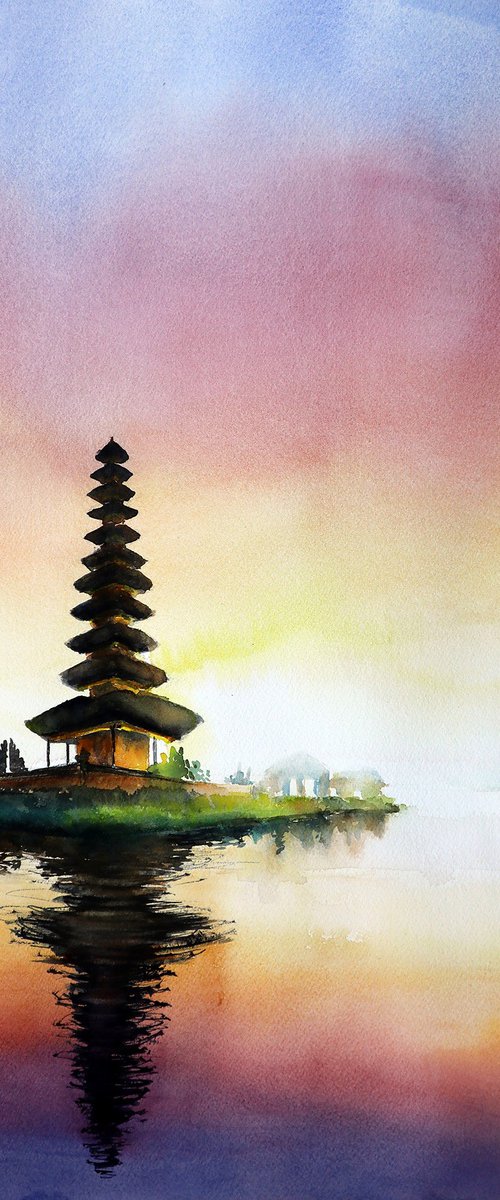 Pura Batur Temple, Bali - Original Watercolor Painting by Yana Shvets