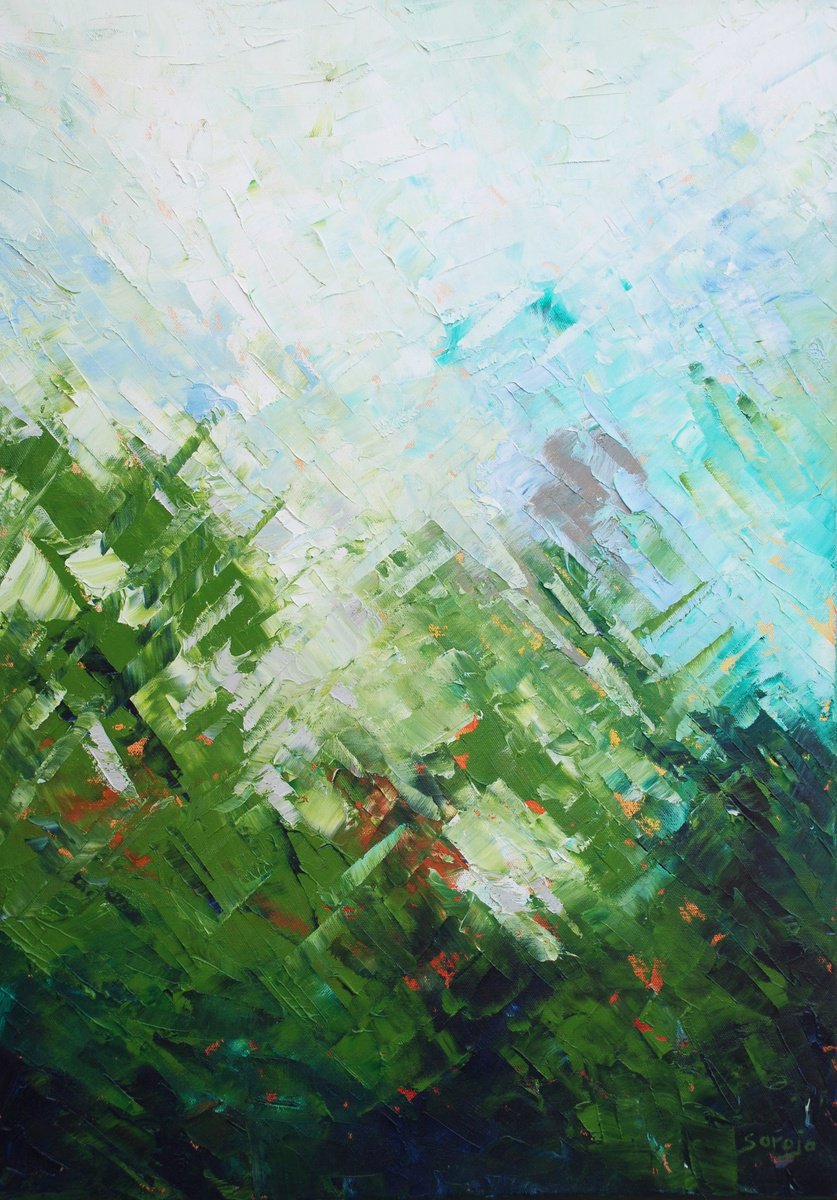 Abstract Landscape Oil Painting By Saroja Van Der Stegen, 21 X 29", Green Winter Ref#:1297-20M, Original Artwork