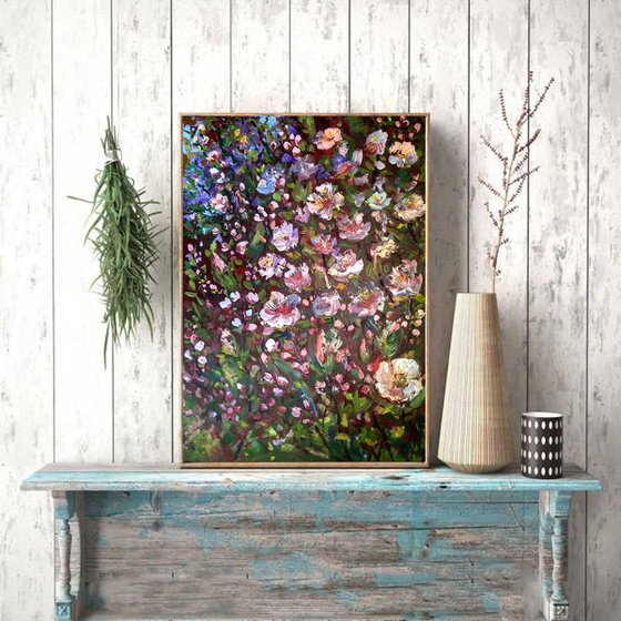 Spring blooming, acrylic floral painting, palette knife