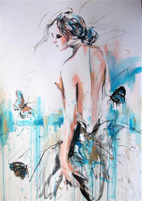 Revelation - Figurative Woman on Paper.Woman Drawing on Paper