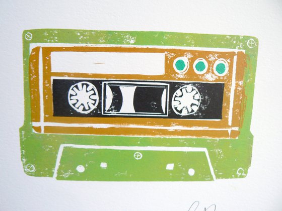 Linocut tapes #6 (cassette tapes, retro music, 70's, 80's rock culture)