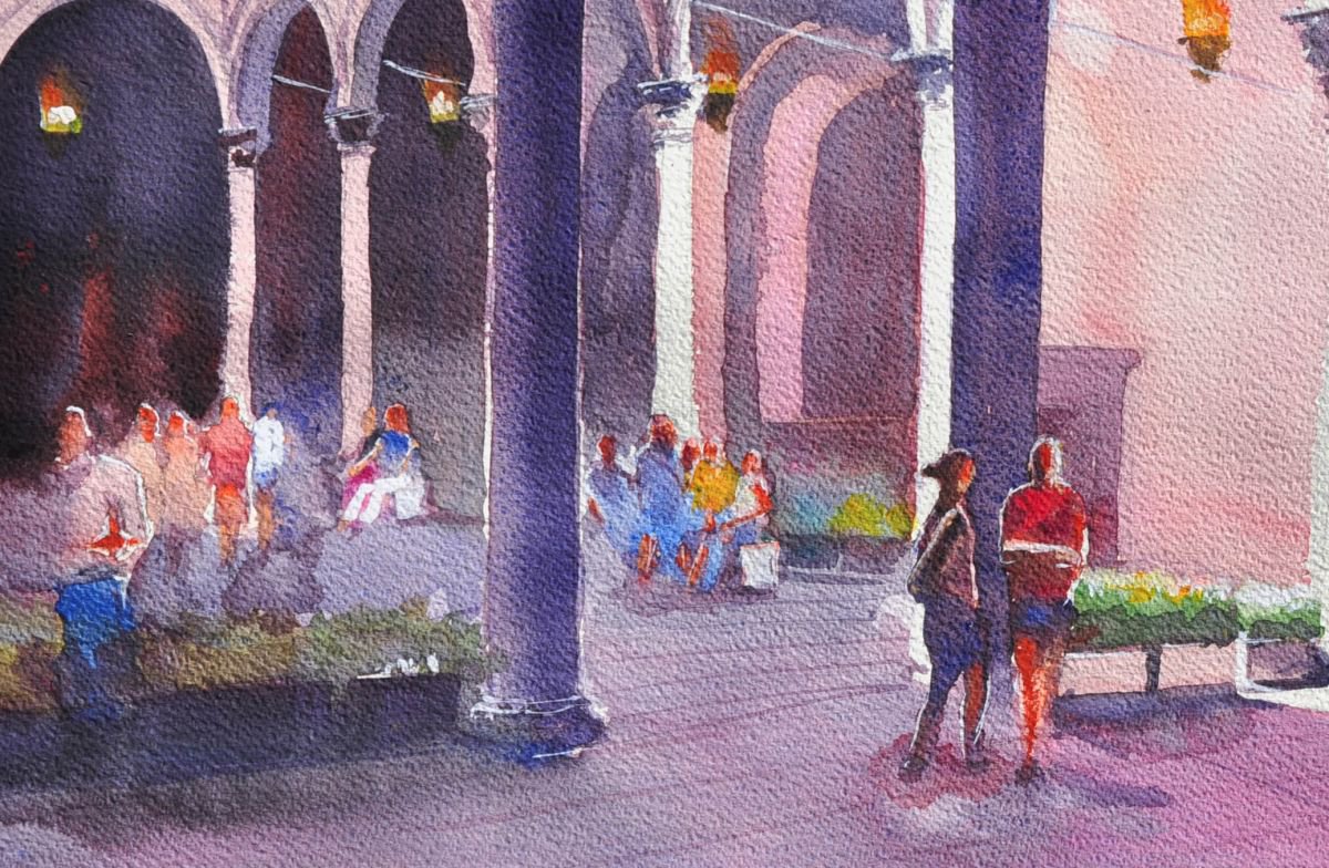 Impressionistic Cityscapes Watercolour By Flavio Furlan, 21 X 14, Firenze - Visitatori Nel Chiostro, Original Artwork