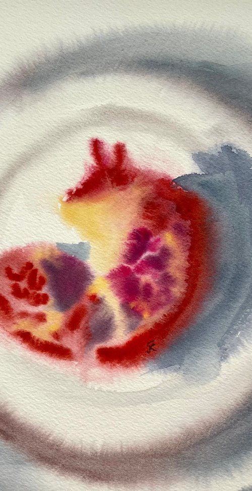 Pomegranate Watercolor Painting Original, Fruit Wall Art, Kitchen Decor, Abstract Brush Strokes Artwork by Kate Grishakova