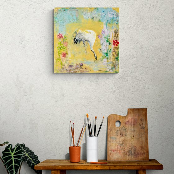 Crane in a floral stillness