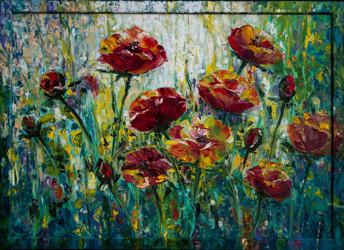 Expressive Oil Painting , Framed Artwork Poppies Etude By Mila Moroko, 28 X 20, Artwork For Sale On Artfinder