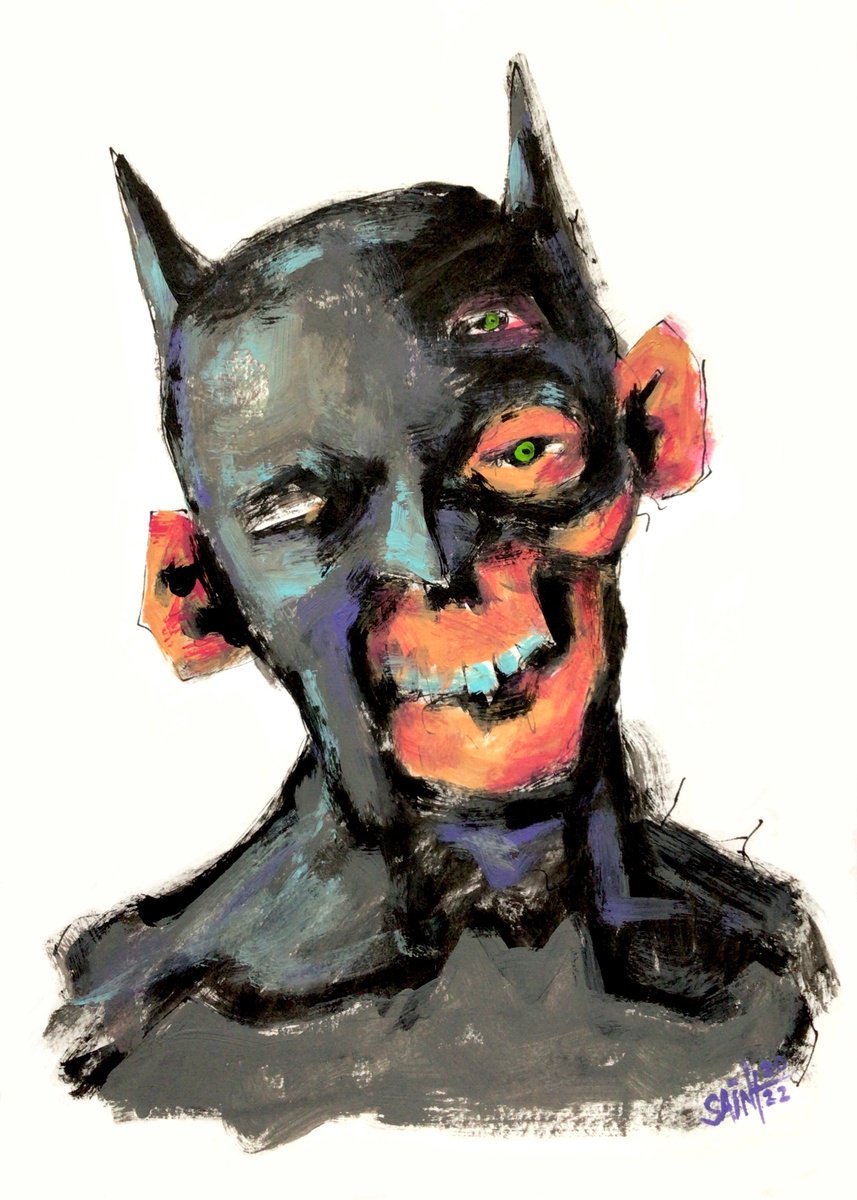 #37 Batman zombie portrait painting original art, Horror Naive Outsider Folk Art Brut Stra... by Ruslan Aksenov