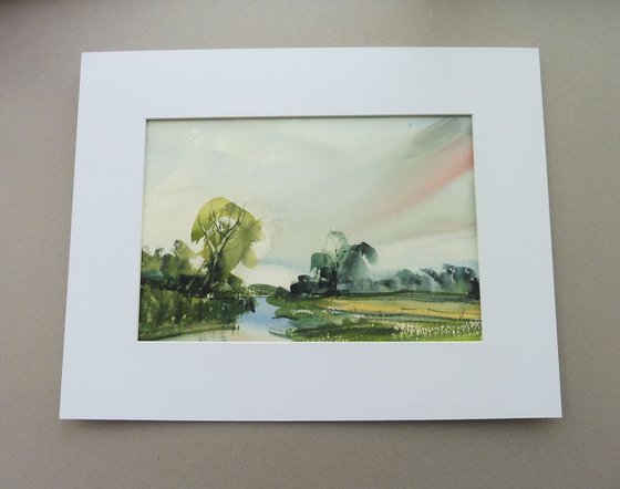 SUMMER MEADOW LANDSCAPE RIVER SEVERN, Worcs. Original Watercolour with mount (mat).