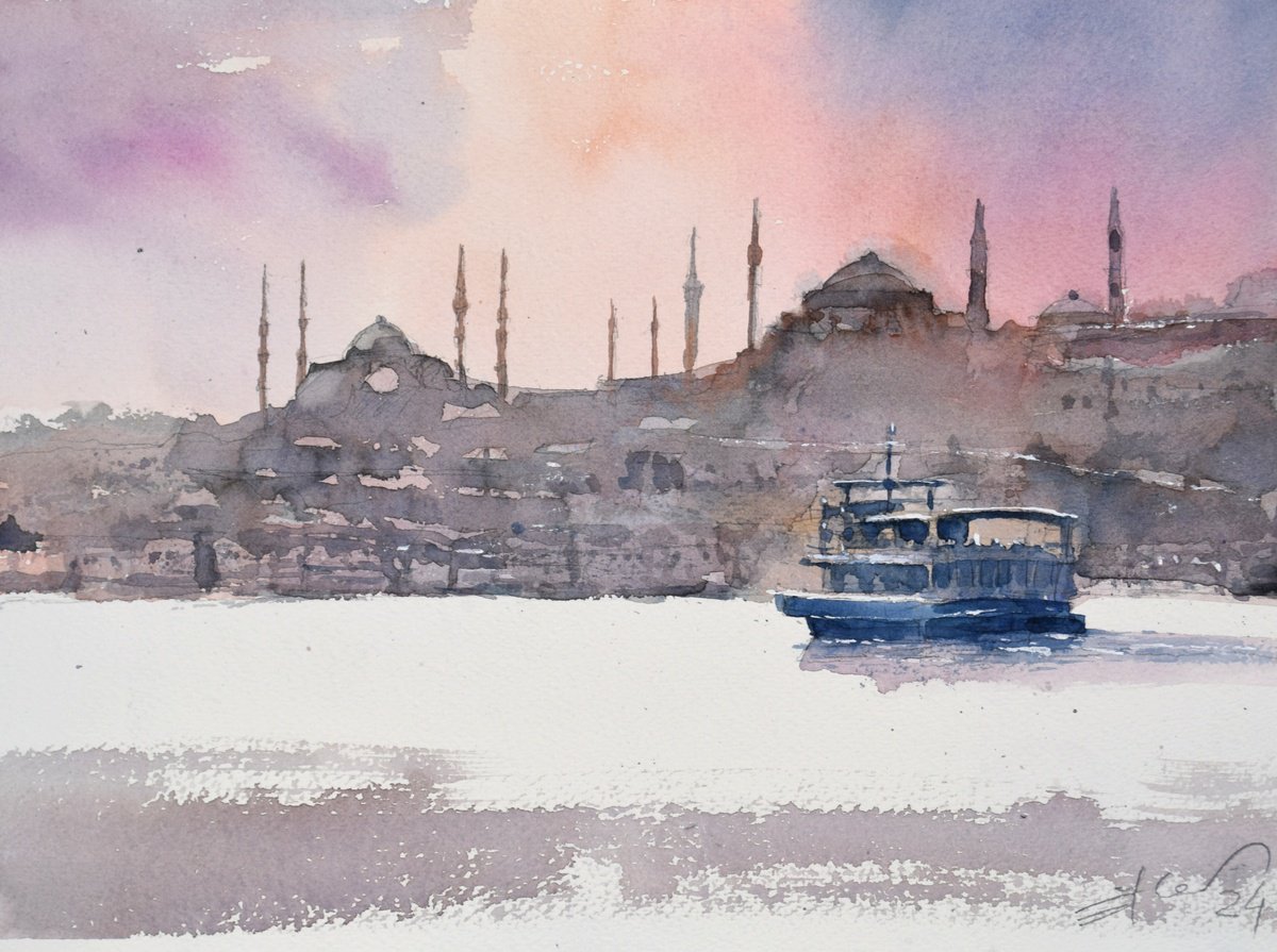 Cityscapes Watercolour By Goran Zigolic Watercolors, 15 X 11, Istanbul (Bosphorus Strait) 2, Original Artwork