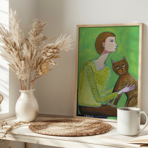 Lady Sitting with Brown Cat