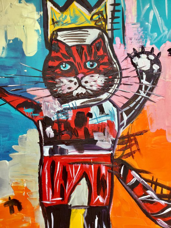 Red cat in a CROWN version of famous painting by Jean-Michel Basquiat