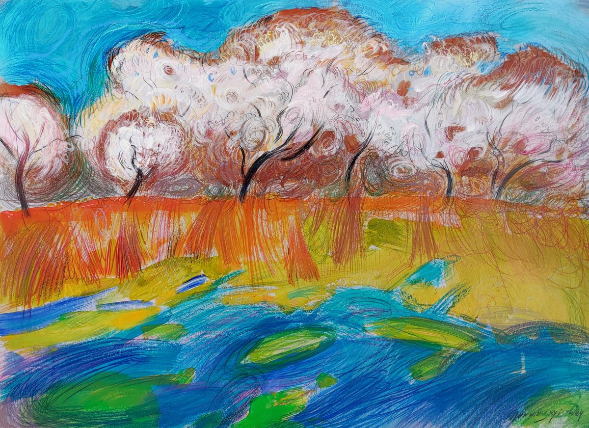 Impressionistic Landscape Painting By Pavlo Makedonskyi, 30 X 22", In The Apricot Garden, Original Artwork