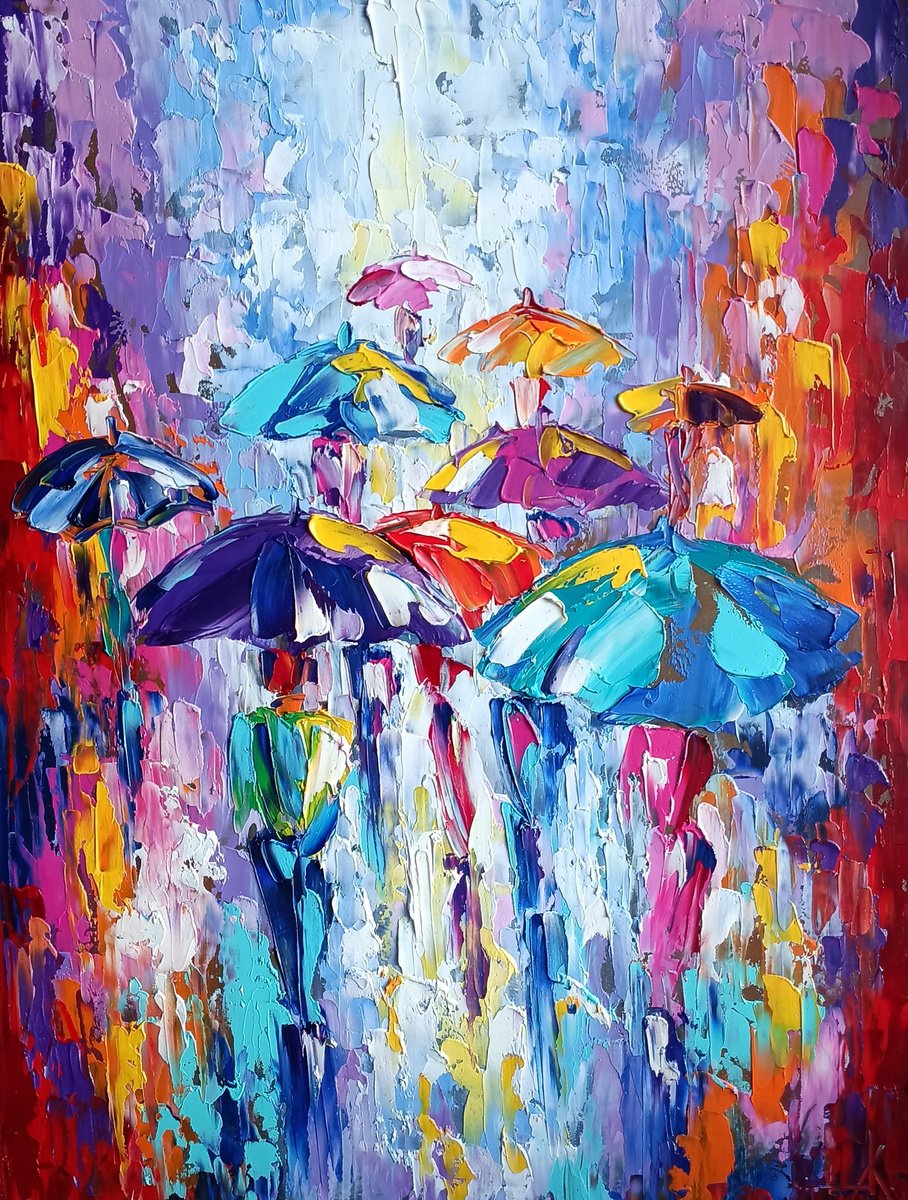 Color kaleidoscope - under the rain, painting on canvas, umbrella art, people in the rain by Anastasia Kozorez