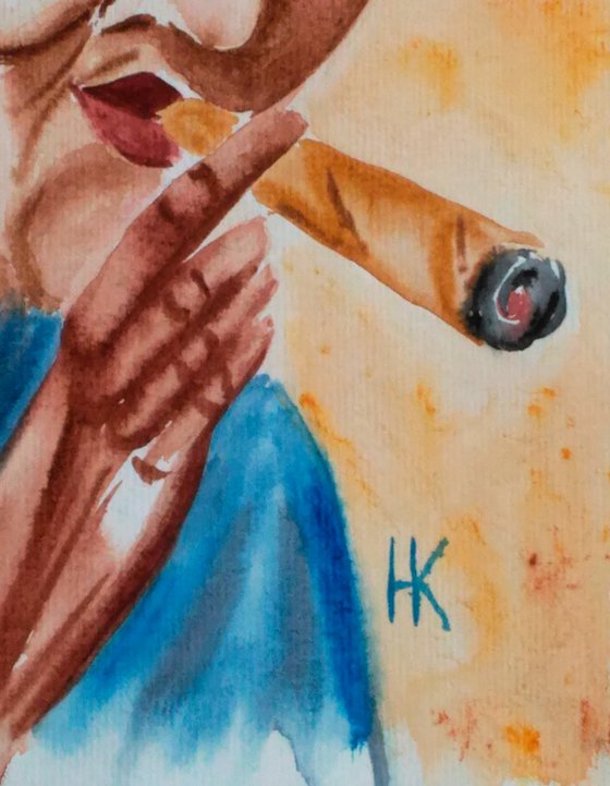 Flower Head Painting Portrait Original Art Cuban Watercolor Smoking Woman Small Artwork Home Wall Art 8 by 11" by Halyna Kirichenko