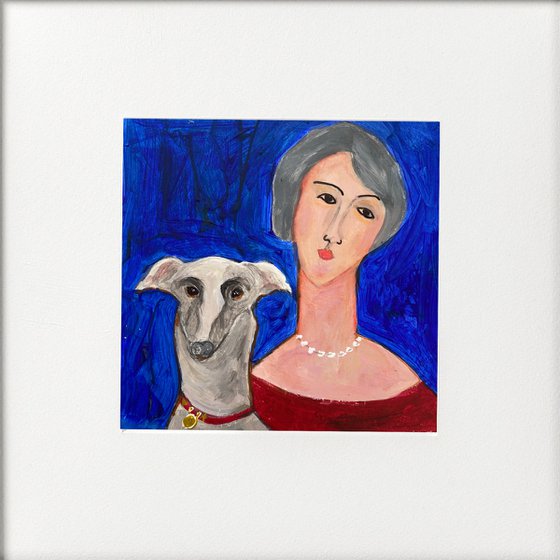 Woman with greyhound framed