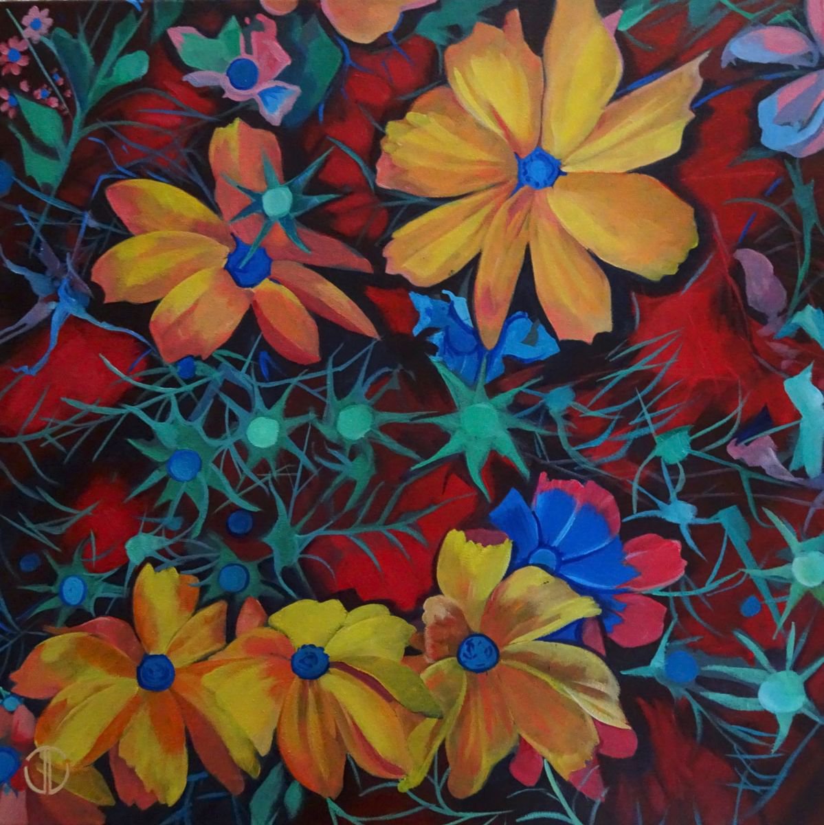 Botanical Acrylic Painting By Joseph Lynch, 20 X 20, Floral Explosion, Original Artwork