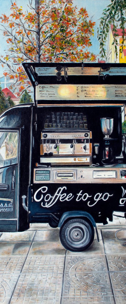COFFEE TO GO by Vera Melnyk - (sityscape oil painting, Modern Home Decor, gift, New York Lovers, Wall Art, Barista, life style, coffee time) by Vera Melnyk