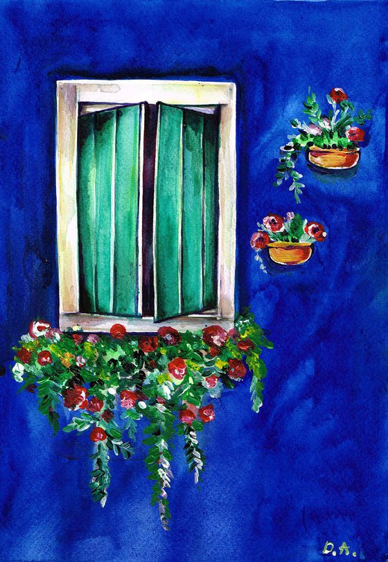 Green and white Window with Flowers