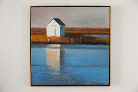 White Beach Hut Shed 30x30 inch 76x76 cm by Bo Kravchenko