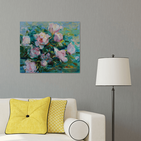 Peonies on blue a la prima