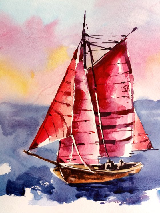 "Scarlet sails" seascape with a yacht against the sunset sky watercolor painting