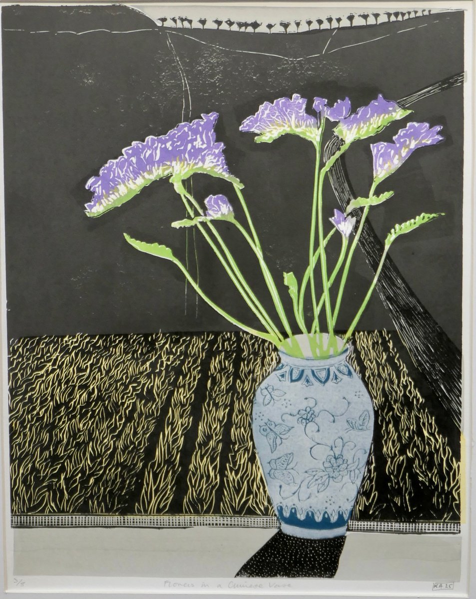 Illustrative Linocut , Flowers In A Chinese Vase By Keith Alexander, 20 X 24, Artwork For Sale On Artfinder