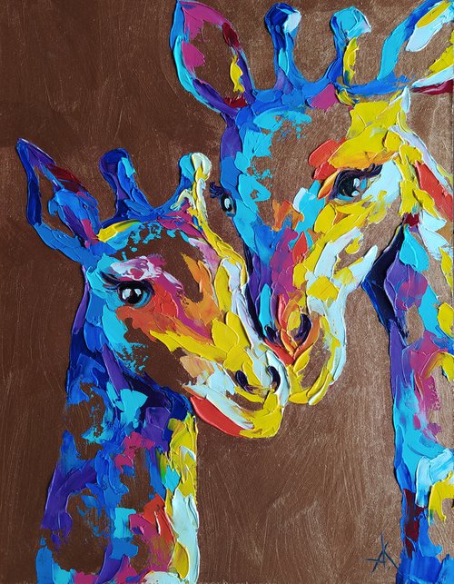 Motherhood - mother's love, animal, giraffes, animal face, love, mother, painting, mother and child, gift, animals art, animals oil painting by Anastasia Kozorez