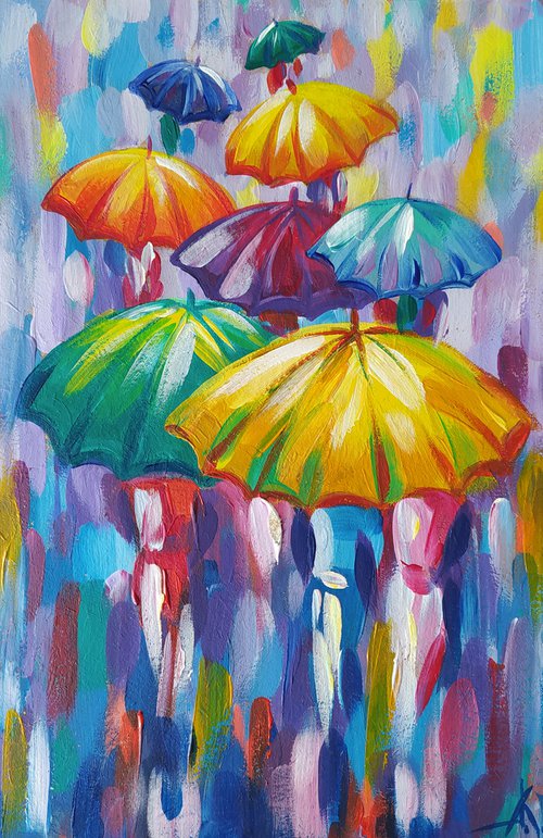 Rain in the city - umbrella art, people in the rain, acrylic painting, people art, rain, umbrella, impressionism, gift by Anastasia Kozorez