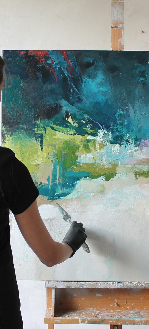 "Thunderstorm" Teal green red abstract art by Yana Sagan