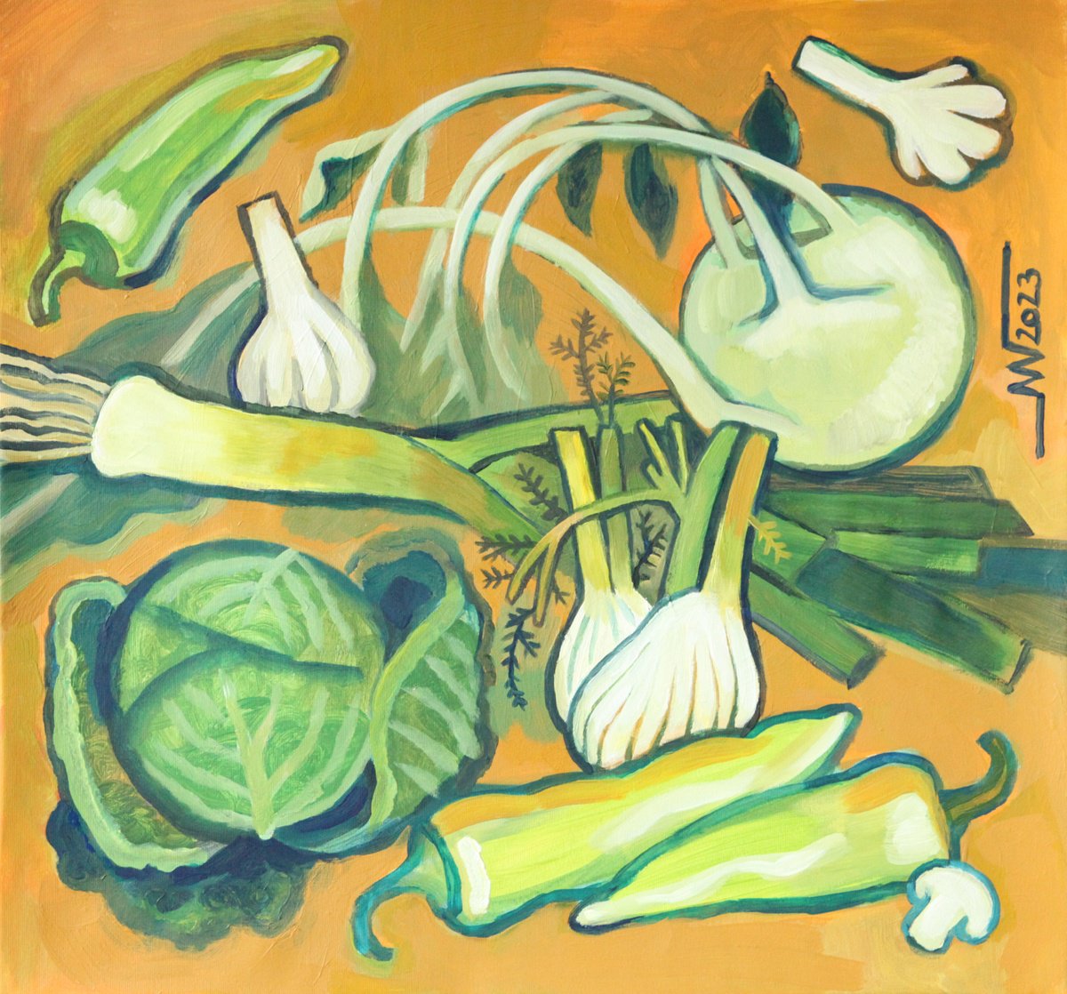 Still Life Acrylic Painting By Marina Gorkaeva, 22 X 20", In The Kitchen, Original Artwork