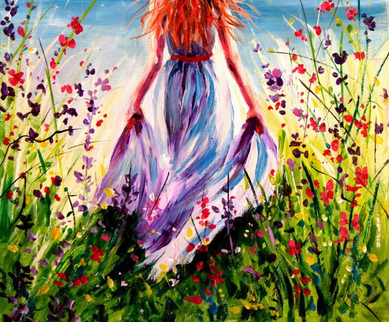 Woman in floral meadow