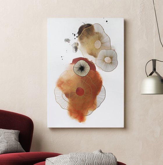"Golden Molecules 4" Gold orange minimal art