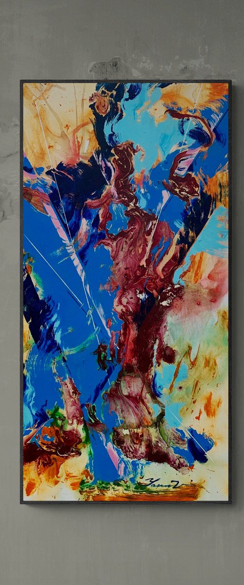 Abstract painting - "Chinese dragon" - Abstraction - Geometric - Space abstract - Big painting - Bright abstract - Blue&Yellow - Red&Orange by Yaroslav Yasenev