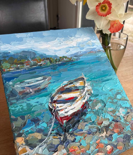"Boat by the Shore" seascape painting