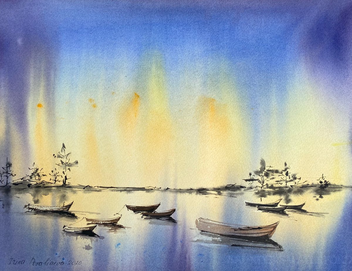 Sea sunset watercolor paintings violet and yellow , Sailing boats 36,5x 28 cm by Irina Povaliaeva