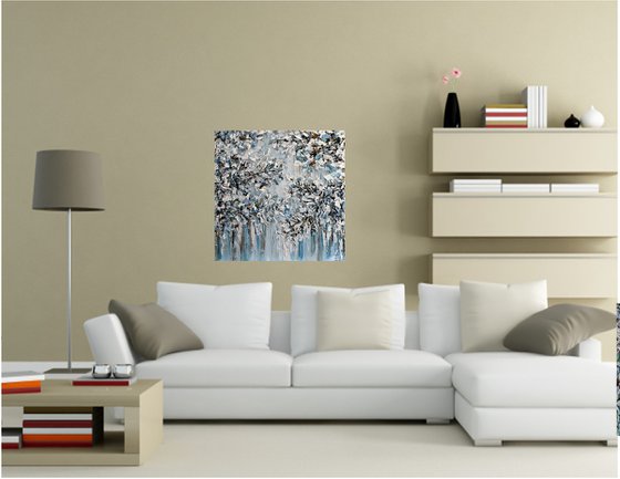 Winter Glow - Textured Abstract Silver, White, Blue Painting, Palette Knife Art